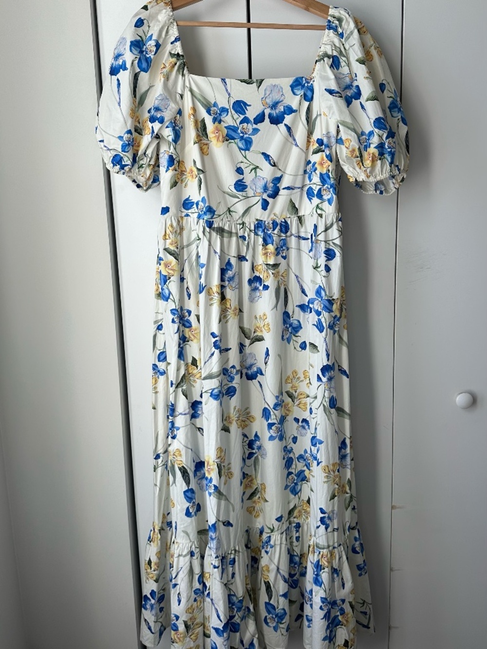 Express Floral Square Neck Puff Sleeve Tiered Poplin Maxi Dress Cotton L
